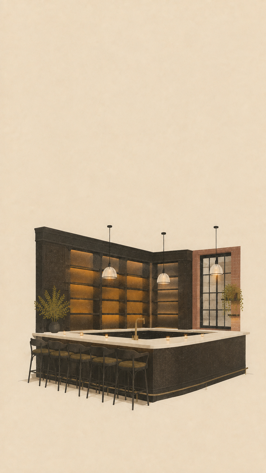 A flat geometric interpretation of a warm wood and marble bar
